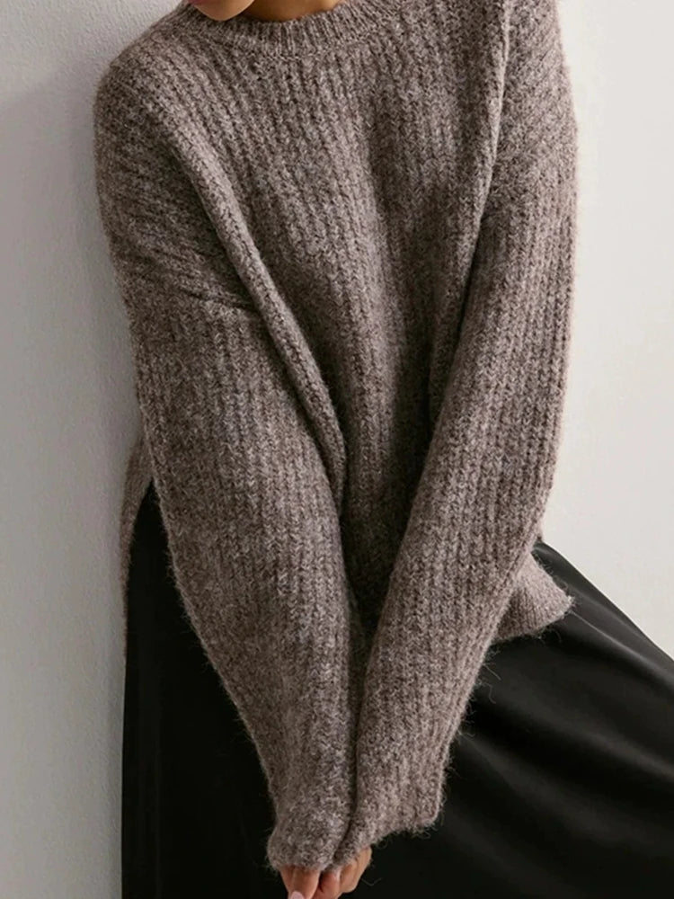 Women's Crew Neck Knitted Hem Loose-Fit Long-Sleeve Sweater