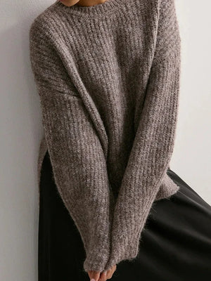 Women's Crew Neck Knitted Hem Loose-Fit Long-Sleeve Sweater