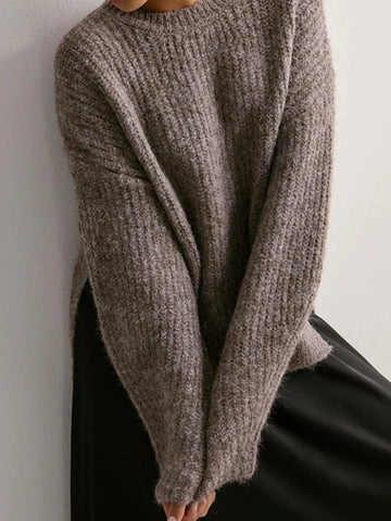 Women's Crew Neck Knitted Hem Loose-Fit Long-Sleeve Sweater