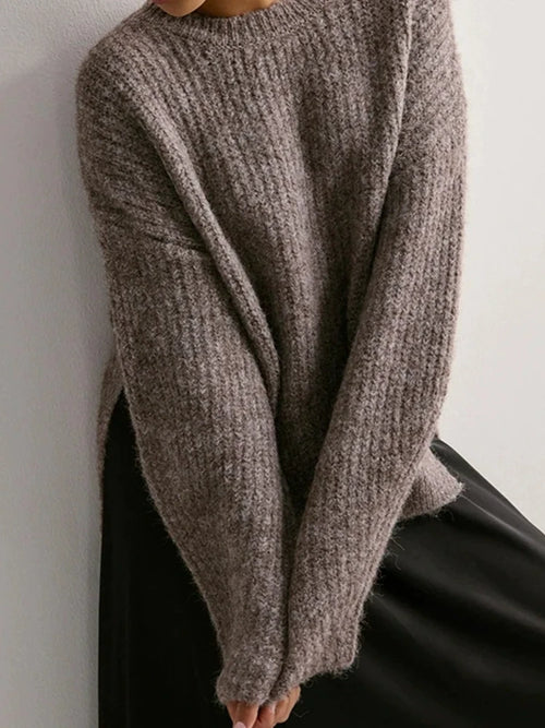 Women's Crew Neck Knitted Hem Loose-Fit Long-Sleeve Sweater
