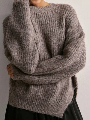 Women's Crew Neck Knitted Hem Loose-Fit Long-Sleeve Sweater
