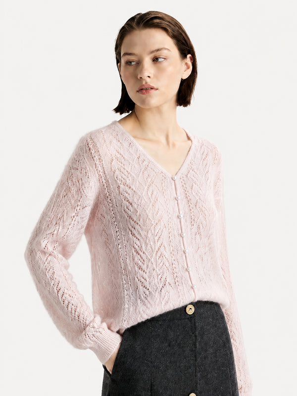 Cashmere-Silk Openwork V-Neck Sweater