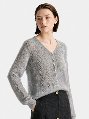 Cashmere-Silk Openwork V-Neck Sweater