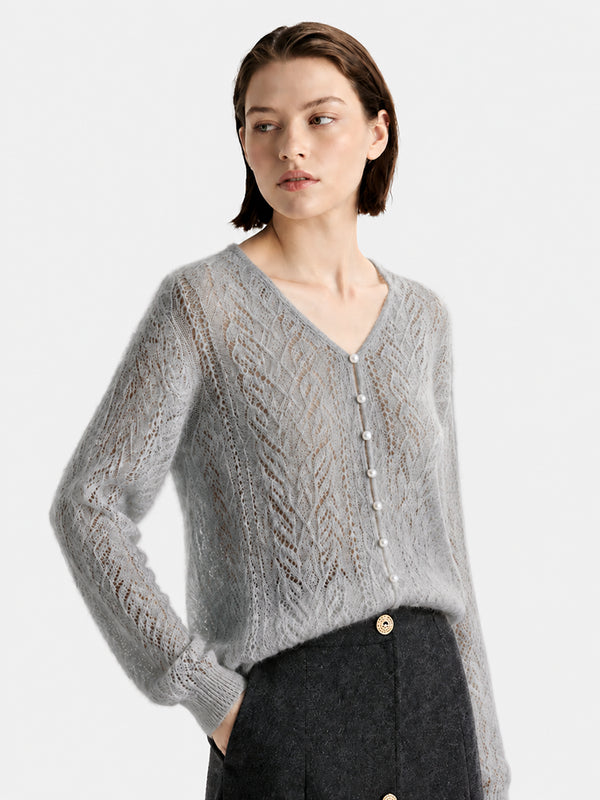 Cashmere-Silk Openwork V-Neck Sweater