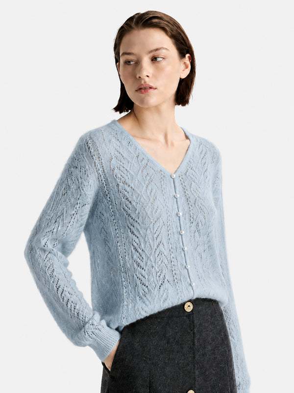 Cashmere-Silk Openwork V-Neck Sweater