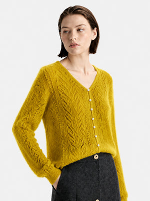 Cashmere-Silk Openwork V-Neck Sweater