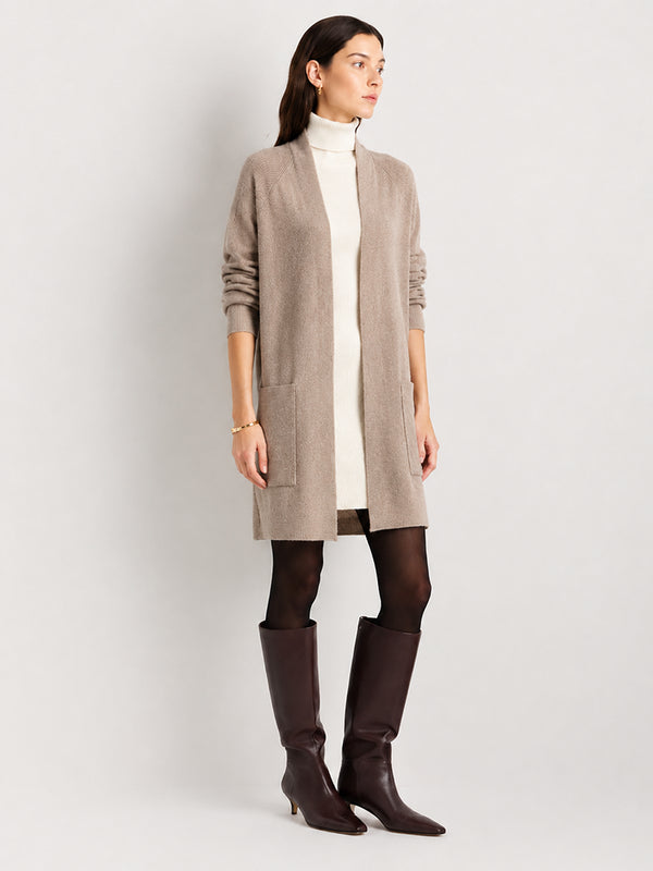 Women’s Longline Wool Cardigan – V-Neck Relaxed Fit Knit Sweater with Pockets
