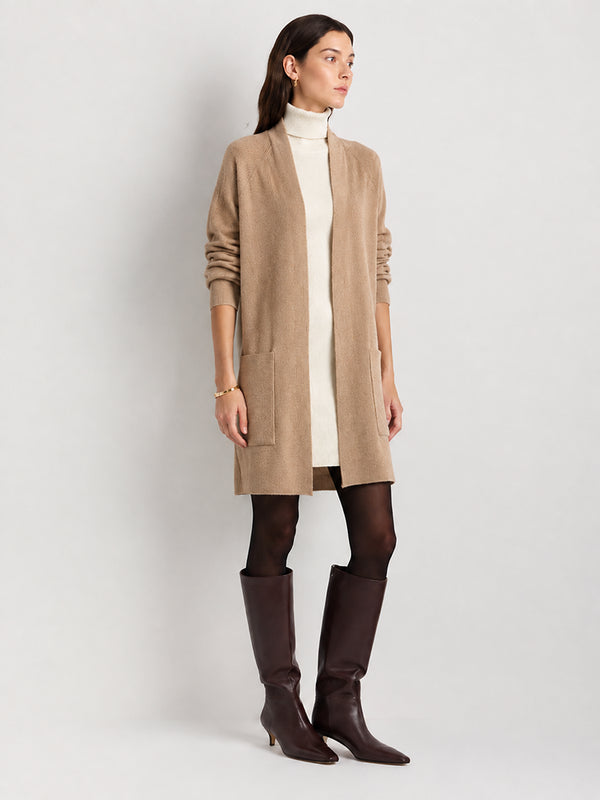Women’s Longline Wool Cardigan – V-Neck Relaxed Fit Knit Sweater with Pockets