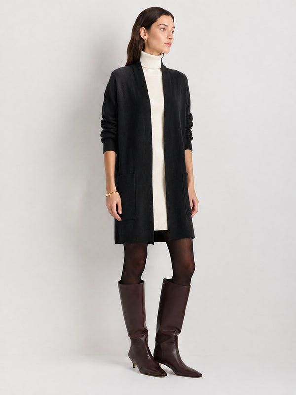 Women’s Longline Wool Cardigan – V-Neck Relaxed Fit Knit Sweater with Pockets