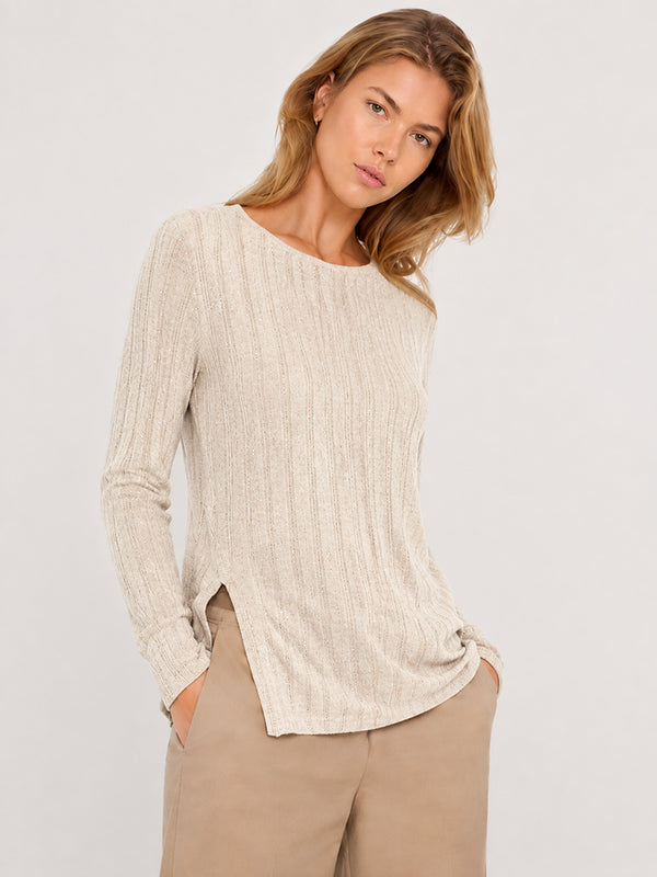 Women’s Wool Knit Crew Neck Sweater Loose Fit Ribbed Pullover Top