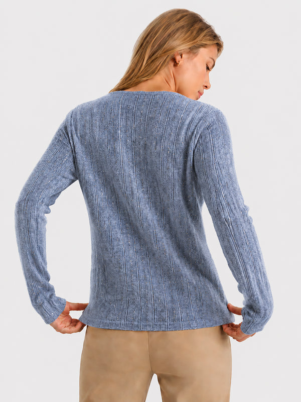 Women’s Wool Knit Crew Neck Sweater Loose Fit Ribbed Pullover Top