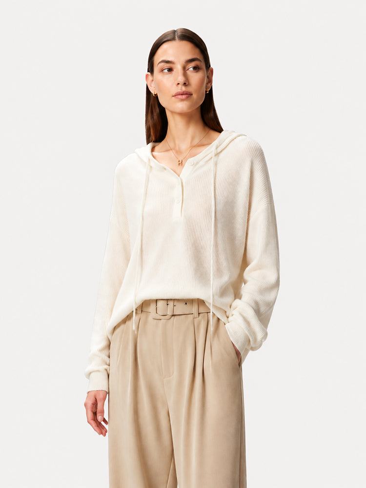 Women's Hooded Henley Wool Knit Sweater
