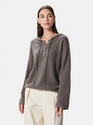 Women's Hooded Henley Wool Knit Sweater