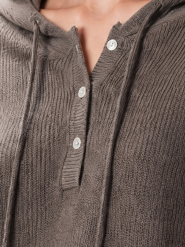 Women's Hooded Henley Wool Knit Sweater
