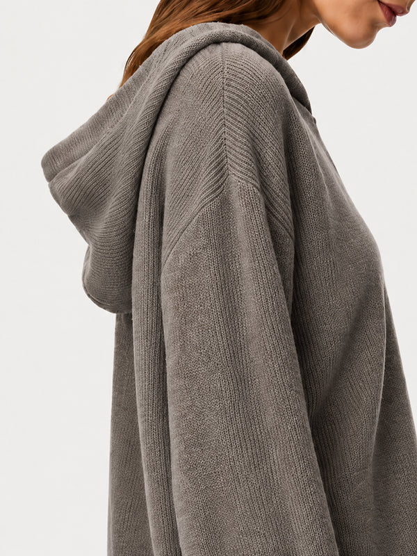 Women's Hooded Henley Wool Knit Sweater