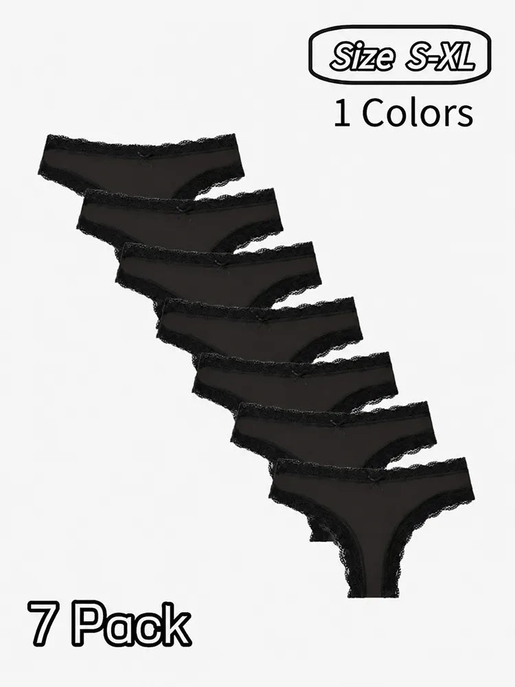 7-Pack Leopard Lace Thong Panties for Women – Sexy Low Rise Breathable Underwear with Romantic Bow Detail, Soft Stretch Everyday Comfort