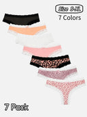 7-Pack Leopard Lace Thong Panties for Women – Sexy Low Rise Breathable Underwear with Romantic Bow Detail, Soft Stretch Everyday Comfort
