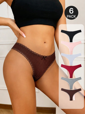 6 pack Women’s Lace Trim Ribbed Thong Underwear – Soft Stretch Sexy Panty