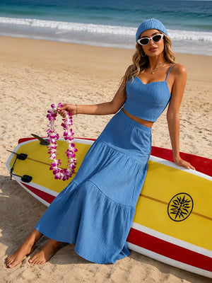 Women Sleeveless Pleated Maxi Skirt Set – 2 Piece Outfit