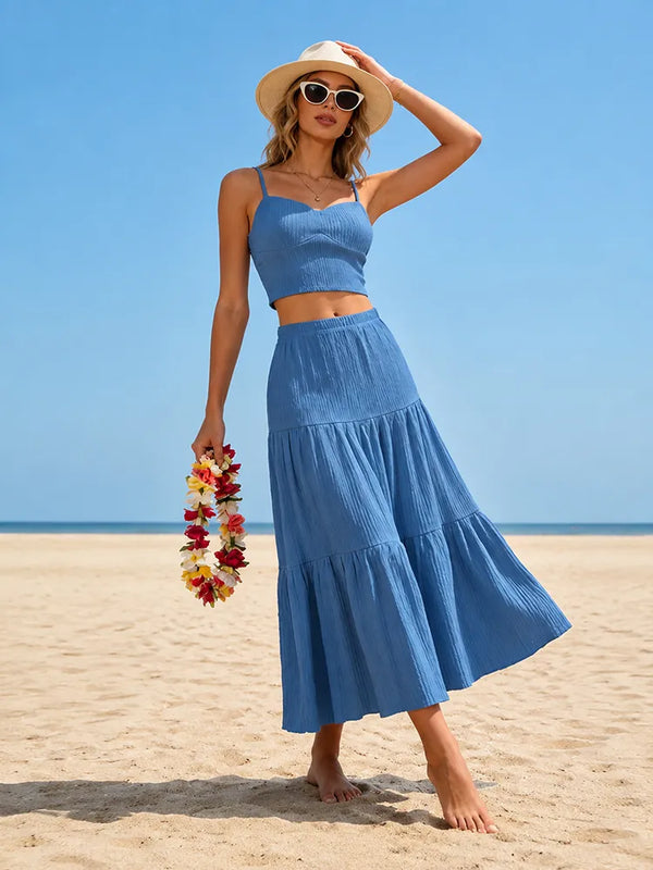 Women Sleeveless Pleated Maxi Skirt Set – 2 Piece Outfit