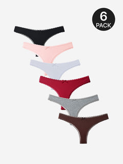 6 pack Women’s Lace Trim Ribbed Thong Underwear – Soft Stretch Sexy Panty