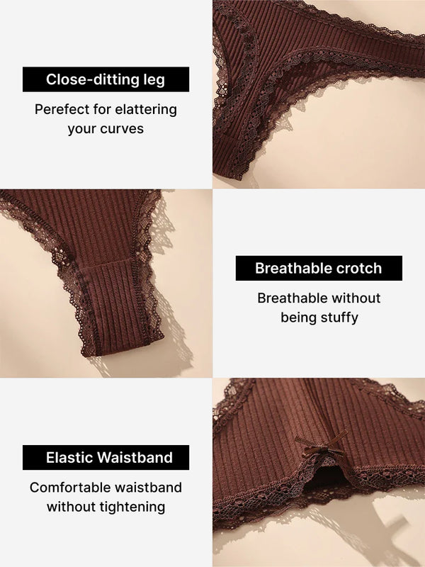 6 pack Women’s Lace Trim Ribbed Thong Underwear – Soft Stretch Sexy Panty