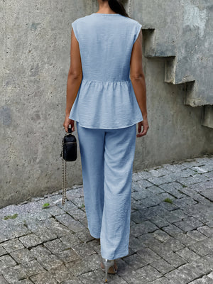 French Chic Linen Look V Neck Peplum Vest Wide Leg Pants Set