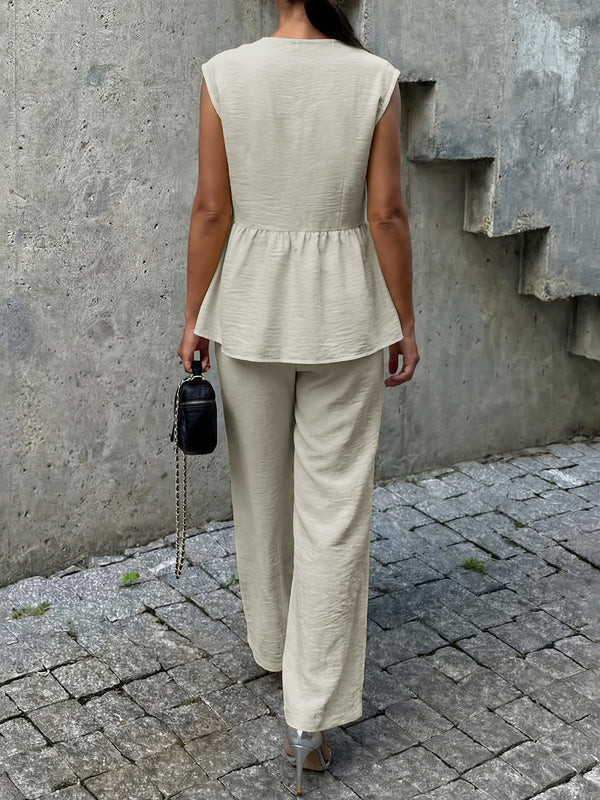 French Chic Linen Look V Neck Peplum Vest Wide Leg Pants Set