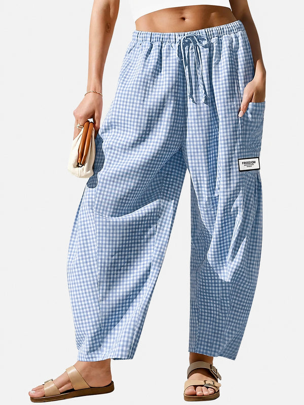 Women's Casual Loose Fit Gingham Wide Leg Pants