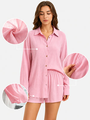 Women's 2-Piece Gauze Set Button Down Shirt & Shorts