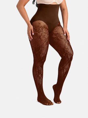 Women’s High-Waist Shaping Tights – Floral Lace Tummy Control Pantyhose
