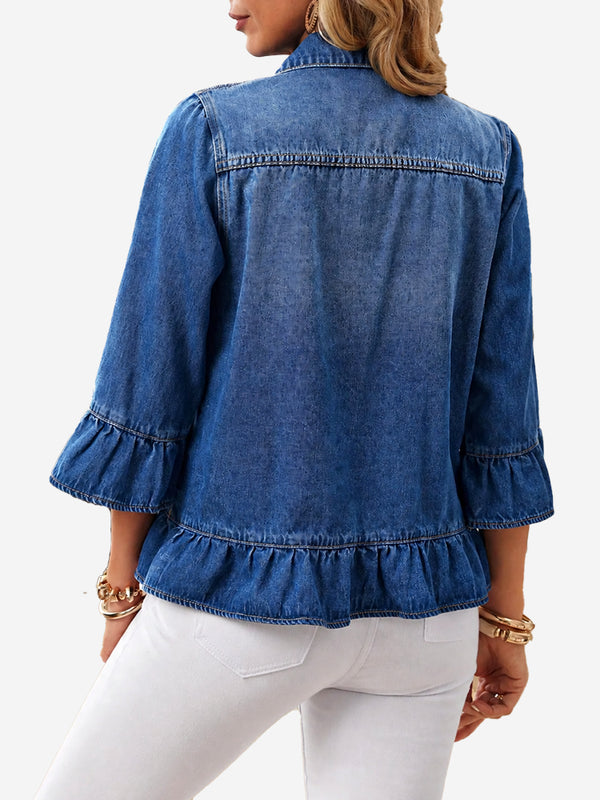 Women’s Vintage Ruffle Denim Jacket – Washed Cropped Long Sleeve Jean Jacket