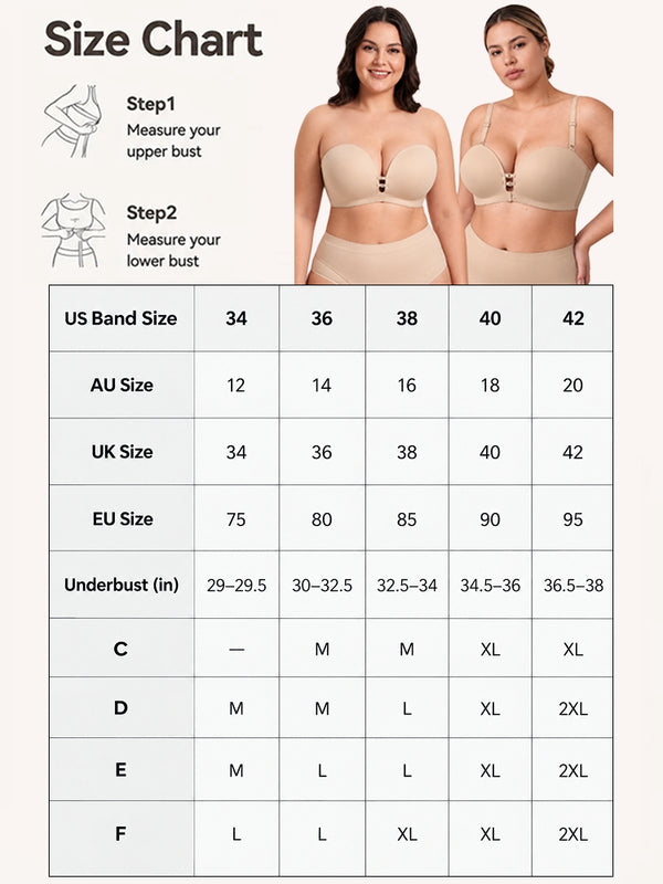 Buy 1 Get 1 Free Plus-Size Women's Strapless Double Front Clasp Push-Up Bra (Fits D/DD/F Cups)