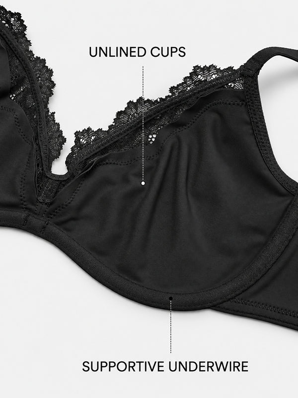 Women's Unlined Lace Plunge Bra – Deep V Balconette Underwire Demi Bra