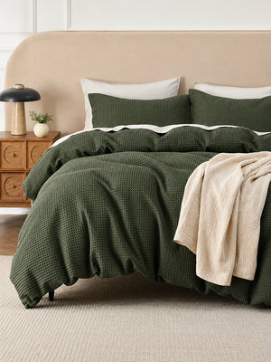 3-Piece 100% Cotton Waffle Duvet Cover Set – Breathable Comfort, All-Season Use