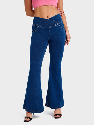 Crossover High Waisted Bell Bottom Jeans Yoga Pants Stretchy Flare Leggings With Pockets