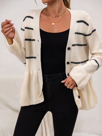 Women's V-neck striped lazy knitted long-sleeved cardigan