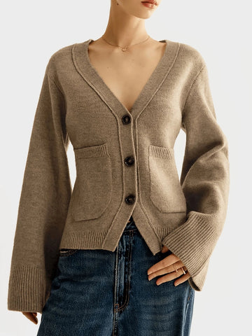 Women's Deep V Neck Cardigan Sweaters Cropped Knit Coats with Pockets