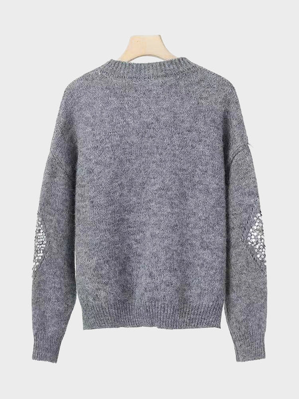 Womens Crew Neck Hollow Out Knit Sweaters  Sequin Pullover Tops