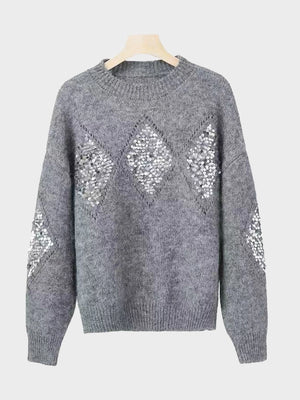 Womens Crew Neck Hollow Out Knit Sweaters  Sequin Pullover Tops