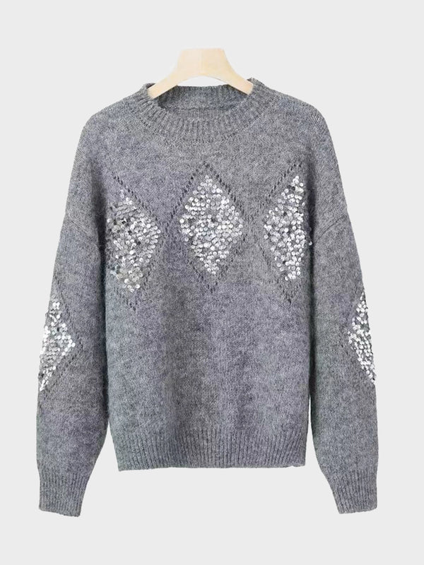 Womens Crew Neck Hollow Out Knit Sweaters  Sequin Pullover Tops