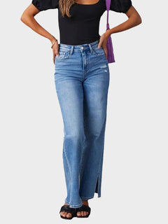 Women's high waist fashionable slit straight stretch jeans
