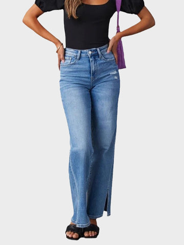 Women's high waist fashionable slit straight stretch jeans