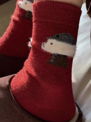 4-Pack Winter Women Socks Vintage Style Knit Wool Casual Socks Thick Warm red Socks