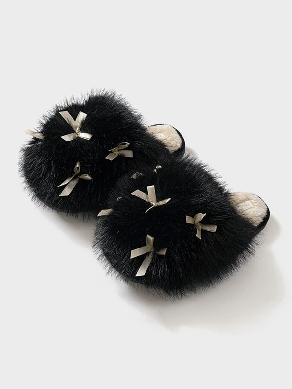 Women’s Fluffy Bow Plush Slippers – Warm Fuzzy Indoor Slides with Thick Soft Soles