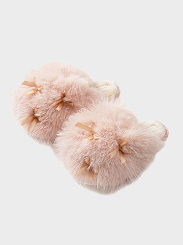 Women’s Fluffy Bow Plush Slippers – Warm Fuzzy Indoor Slides with Thick Soft Soles