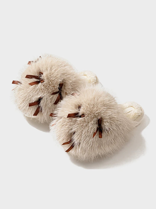 Women’s Fluffy Bow Plush Slippers – Warm Fuzzy Indoor Slides with Thick Soft Soles