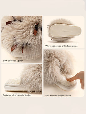 Women’s Fluffy Bow Plush Slippers – Warm Fuzzy Indoor Slides with Thick Soft Soles