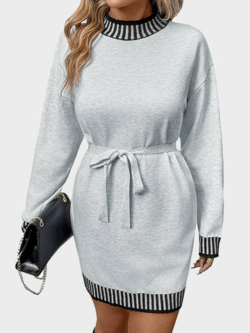 Casual Striped Mock Neck Color-Block Sweater Dress