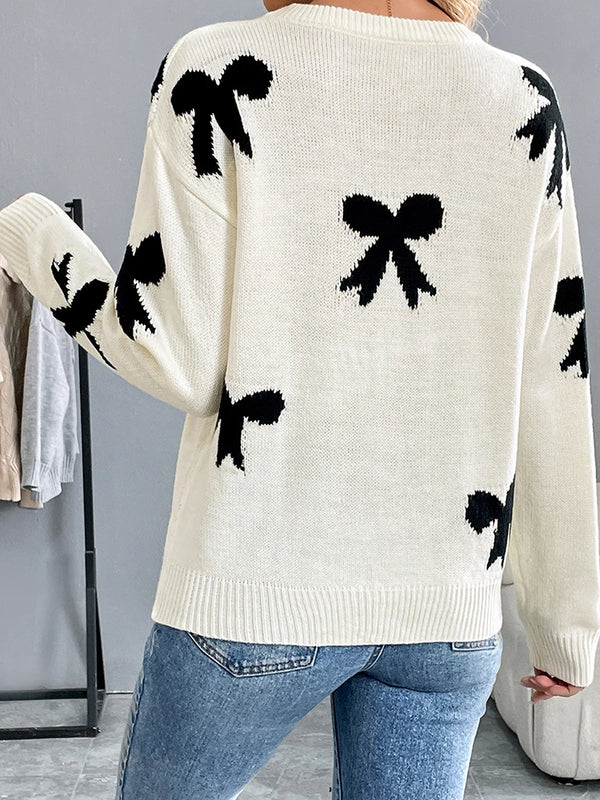 Women's Bow Print Sweaters round neck Lightweight Sweater Pullovers Knit Top